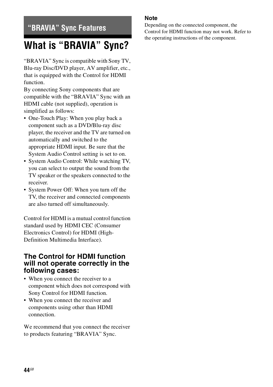 Bravia” sync features, What is “bravia” sync | Sony HT-SS100 User Manual | Page 44 / 64
