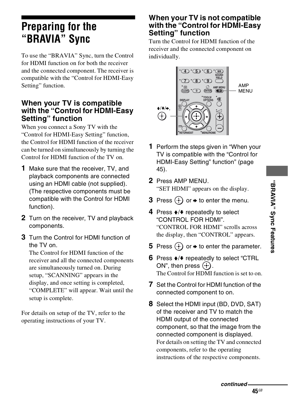 Preparing for the “bravia” sync | Sony HT-SS100 User Manual | Page 45 / 64