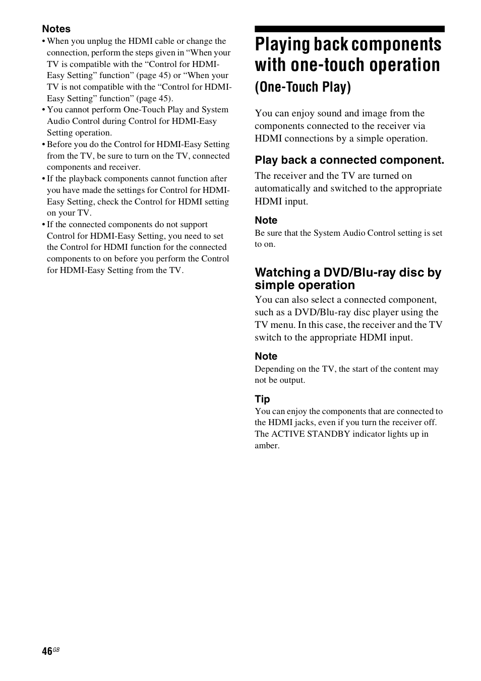 Playing back components with one-touch, Operation (one-touch play), Playing back components with one-touch operation | One-touch play), Watching a dvd/blu-ray disc by simple operation | Sony HT-SS100 User Manual | Page 46 / 64