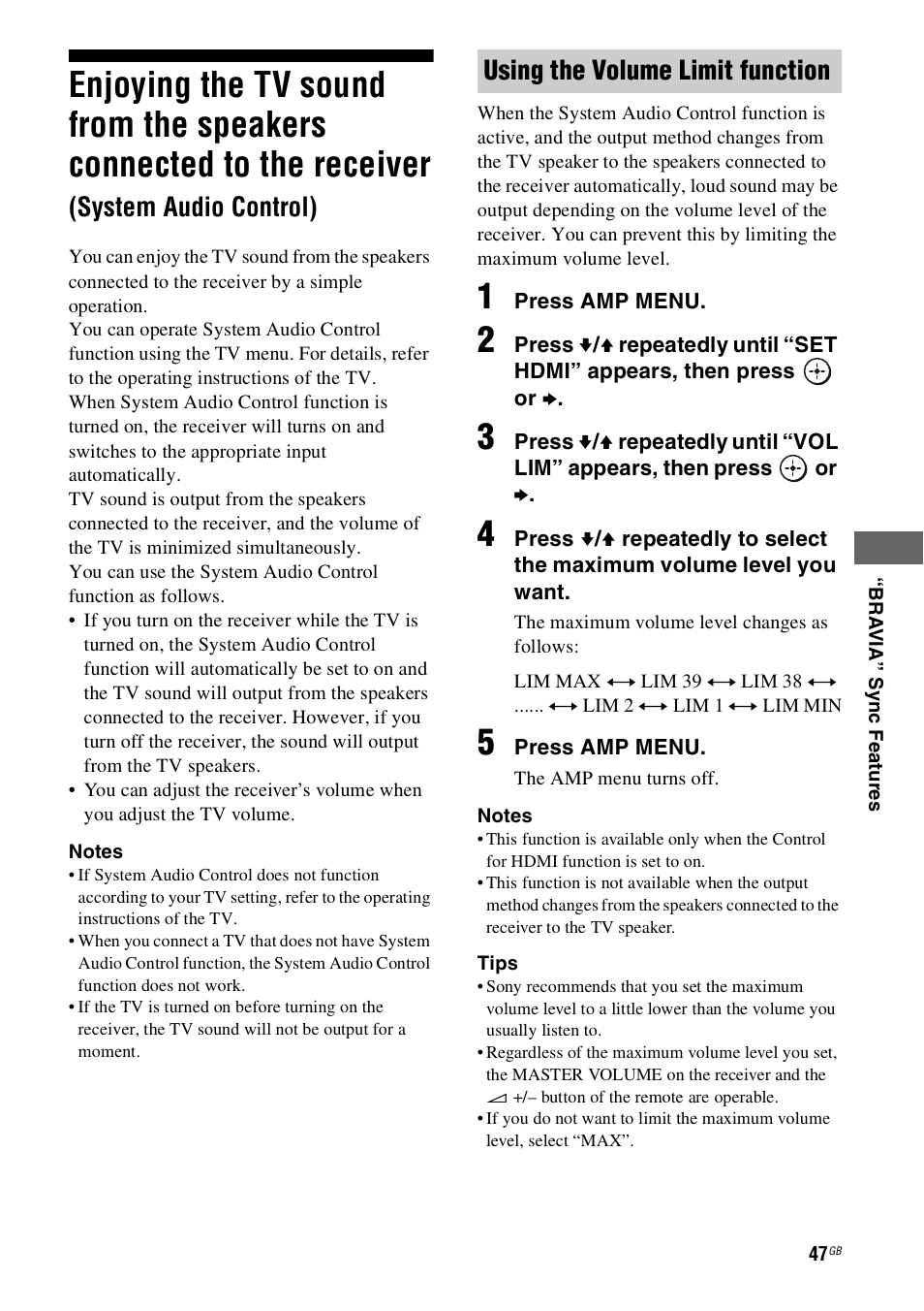Enjoying the tv sound from the speakers, Connected to the receiver, System audio control) | Using the volume limit function | Sony HT-SS100 User Manual | Page 47 / 64