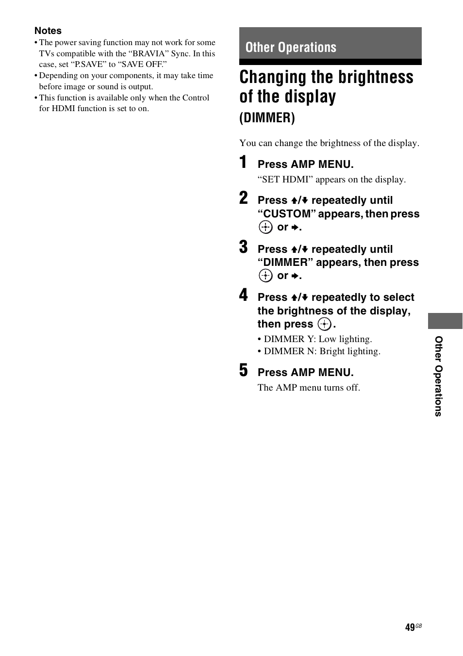 Other operations, Changing the brightness of the display (dimmer), Changing the brightness of the display | Dimmer) | Sony HT-SS100 User Manual | Page 49 / 64