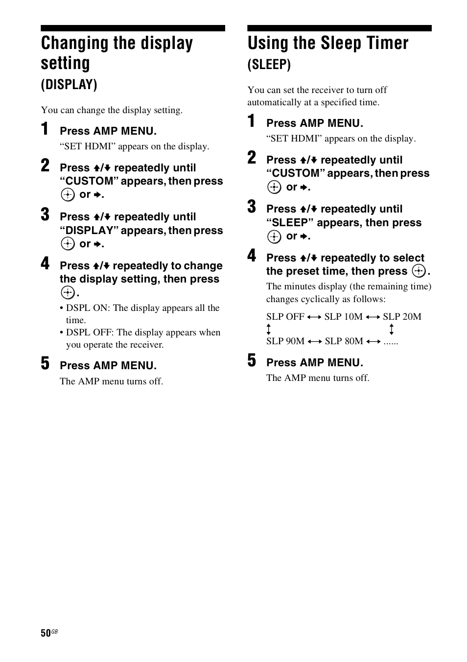 Changing the display setting (display), Using the sleep timer (sleep), Changing the display setting | Using the sleep timer | Sony HT-SS100 User Manual | Page 50 / 64