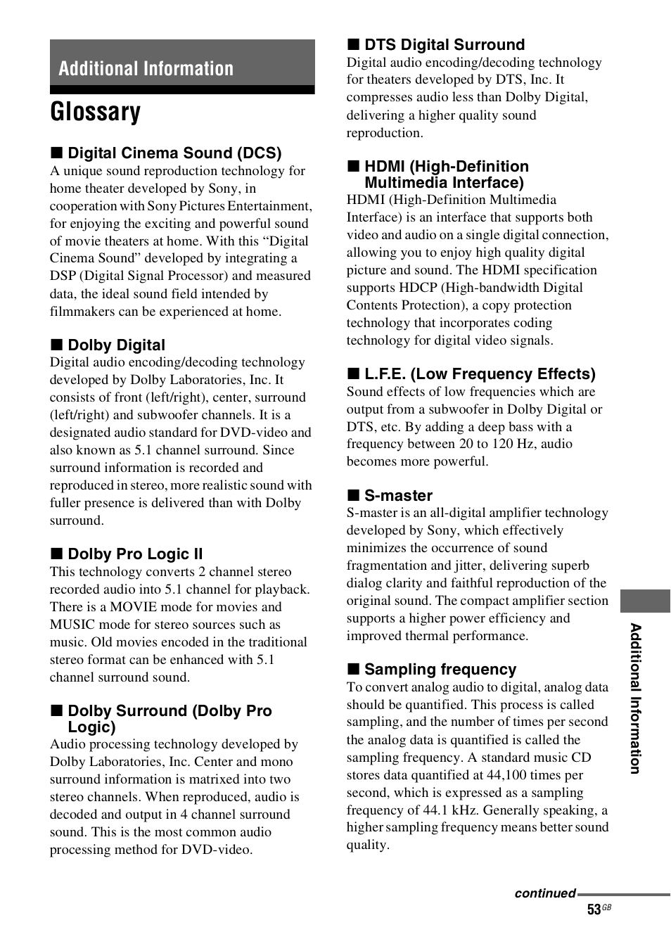 Additional information, Glossary | Sony HT-SS100 User Manual | Page 53 / 64