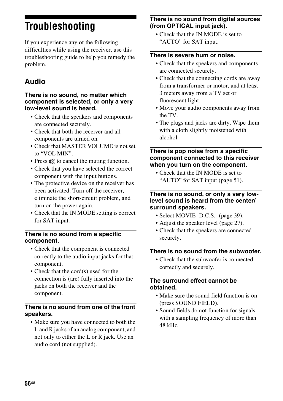 Troubleshooting, Audio | Sony HT-SS100 User Manual | Page 56 / 64