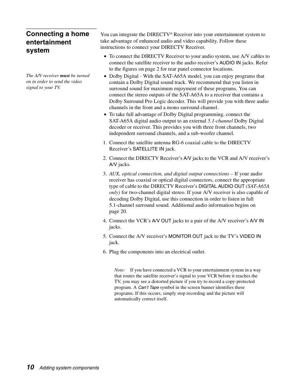 Connecting a home entertainment system | Sony SAT-B65A User Manual | Page 18 / 60