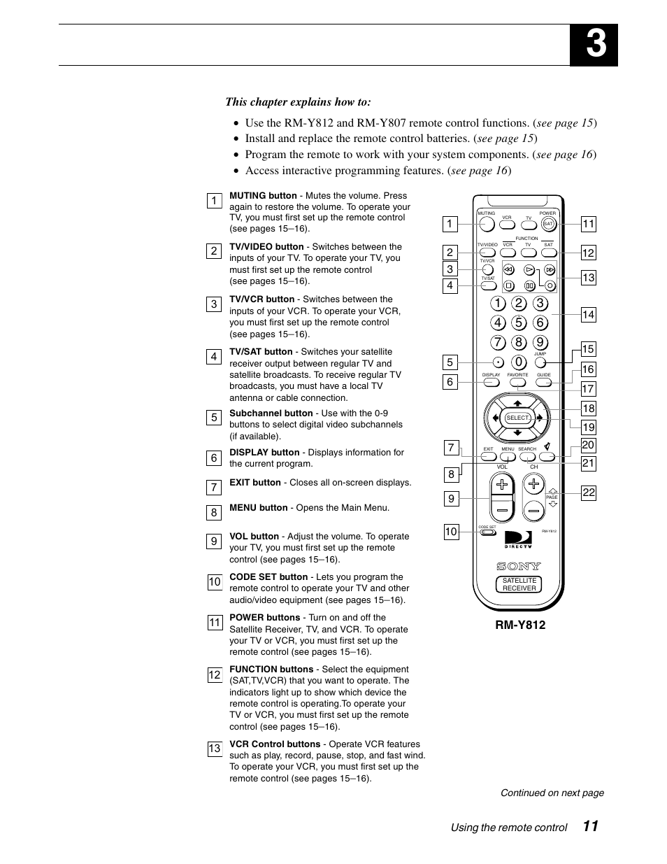 Using the remote control, Rm-y812 | Sony SAT-B65A User Manual | Page 19 / 60