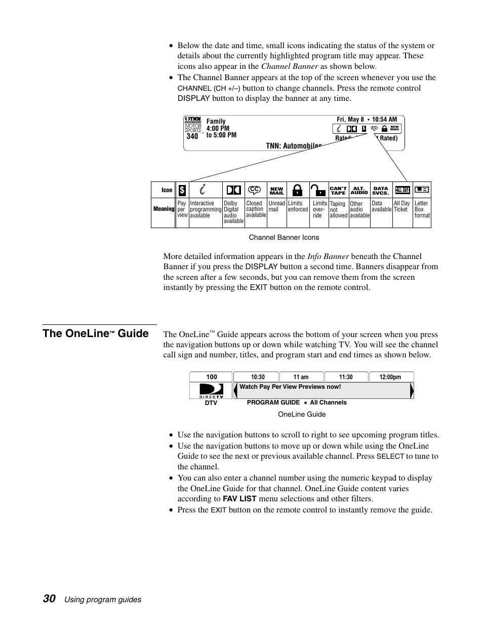 The oneline, Guide, Button on the remote control | Menu selections and other filters. • press the | Sony SAT-B65A User Manual | Page 38 / 60