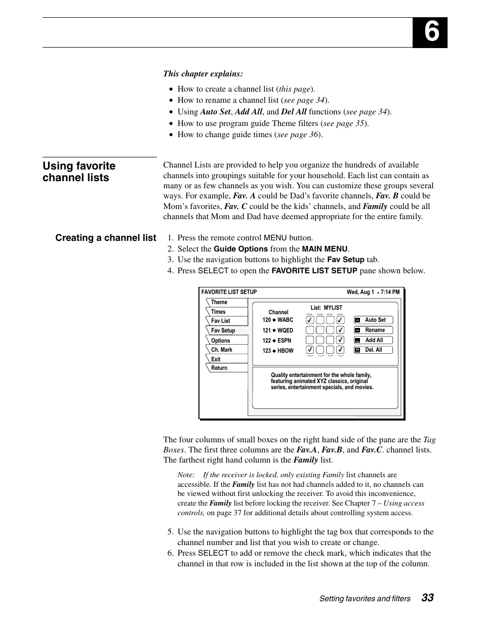 Setting favorites and filters, Using favorite channel lists | Sony SAT-B65A User Manual | Page 41 / 60