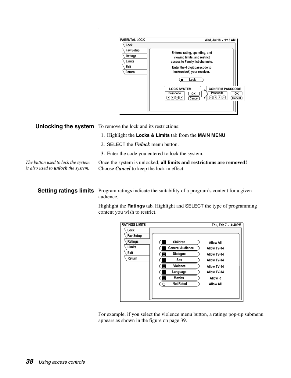 Unlocking the system, Setting ratings limits, Tab from the | Tab. highlight and | Sony SAT-B65A User Manual | Page 46 / 60