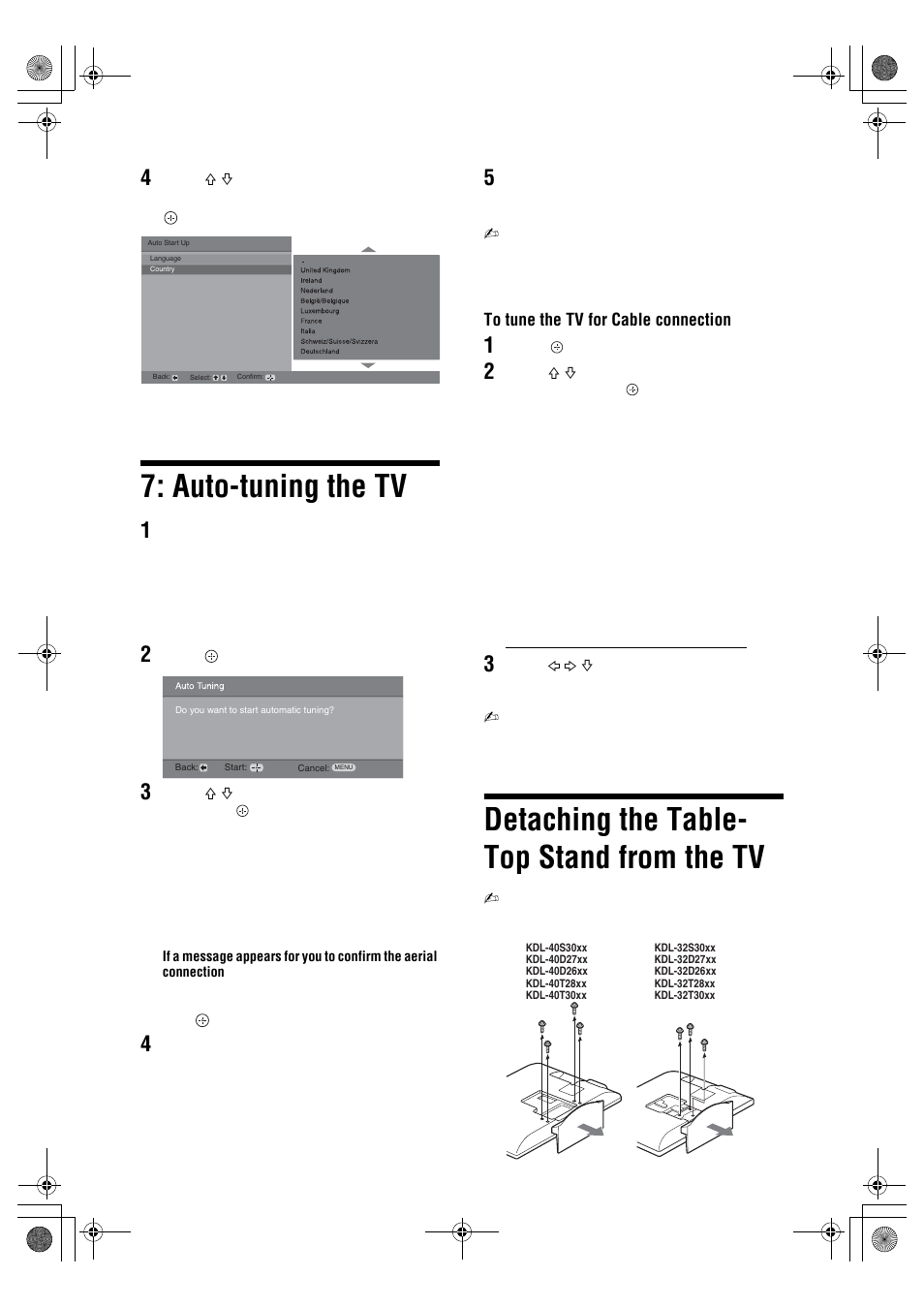 Auto-tuning the tv, Detaching the table- top stand from the tv | Sony BRAVIA KDL-32D26xx User Manual | Page 6 / 35