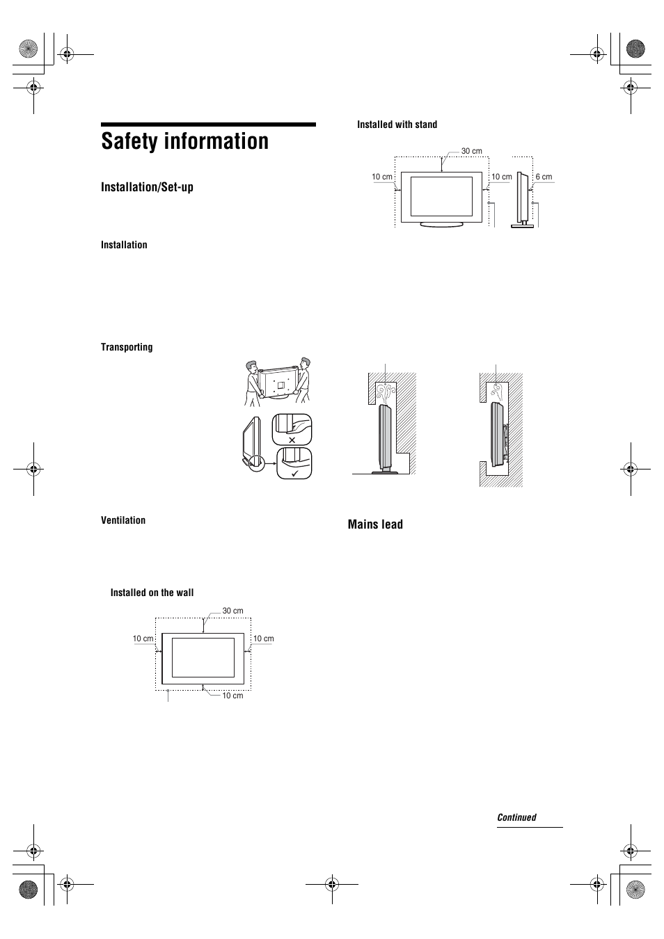 Safety information, Installation/set-up, Mains lead | Sony BRAVIA KDL-32D26xx User Manual | Page 7 / 35
