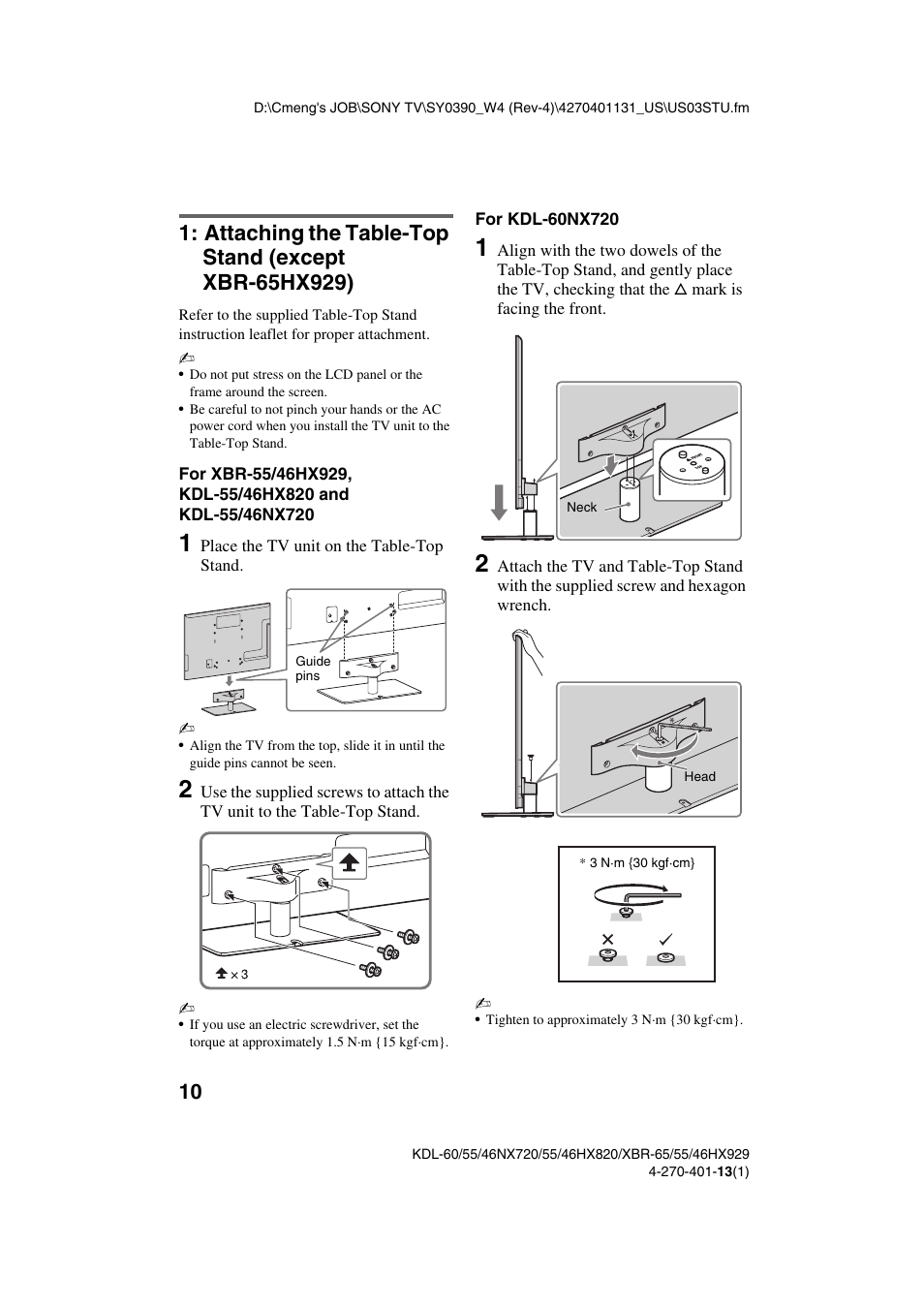 Attaching the table-top stand (except xbr-65hx929) | Sony XBR-65HX929 User Manual | Page 10 / 40