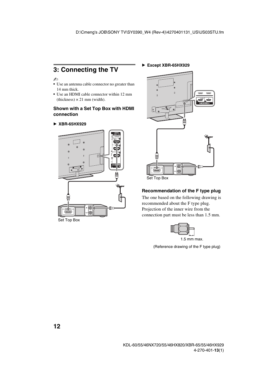 Connecting the tv | Sony XBR-65HX929 User Manual | Page 12 / 40