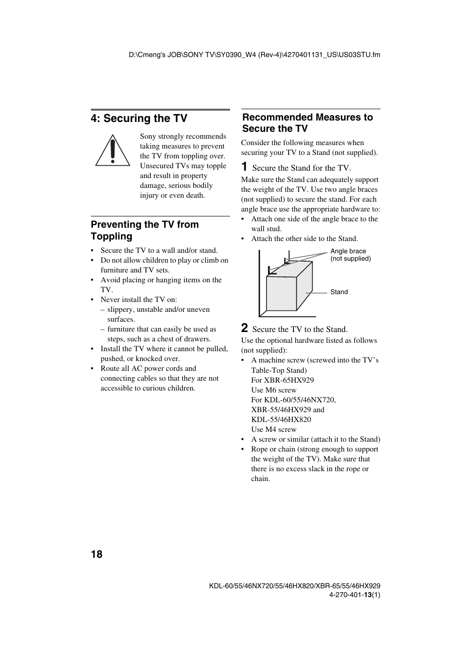 Securing the tv, Preventing the tv from toppling, Recommended measures to secure the tv | Sony XBR-65HX929 User Manual | Page 18 / 40