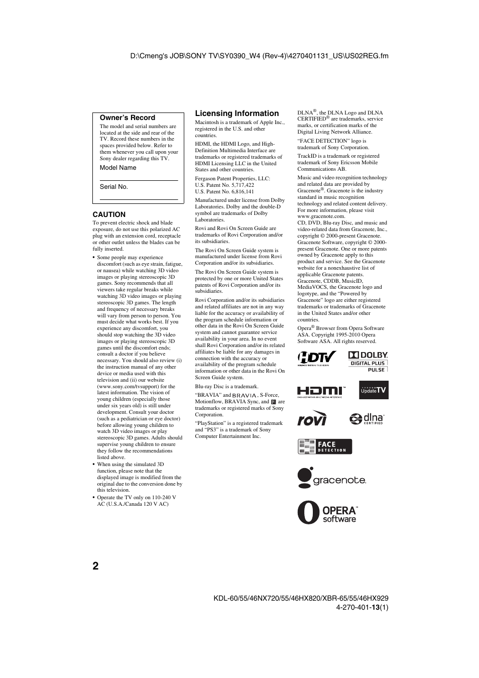 Licensing information | Sony XBR-65HX929 User Manual | Page 2 / 40
