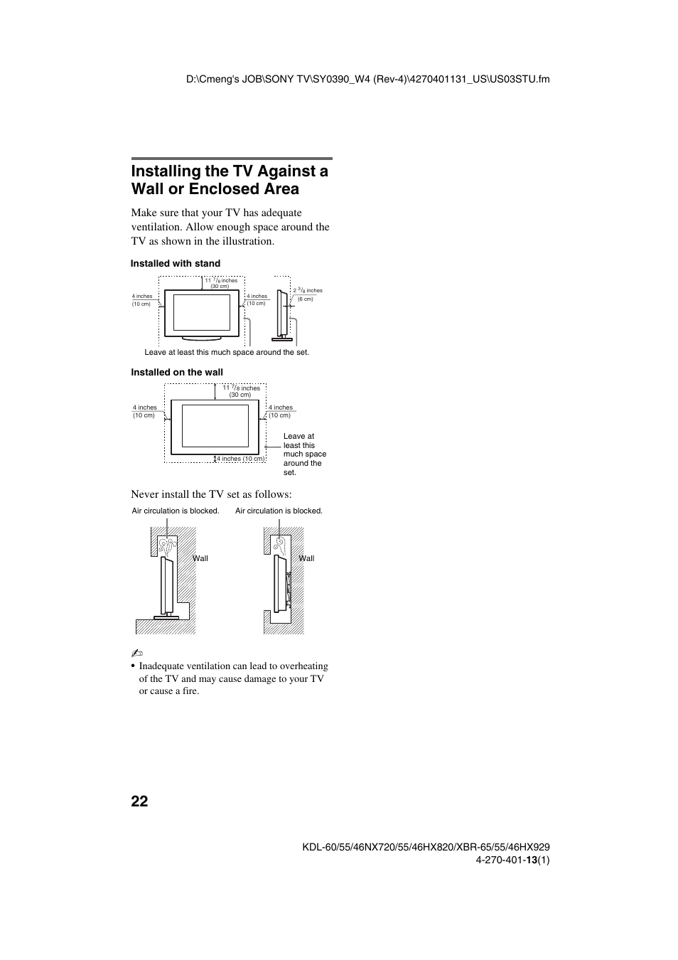 Installing the tv against a wall or enclosed area, Never install the tv set as follows | Sony XBR-65HX929 User Manual | Page 22 / 40