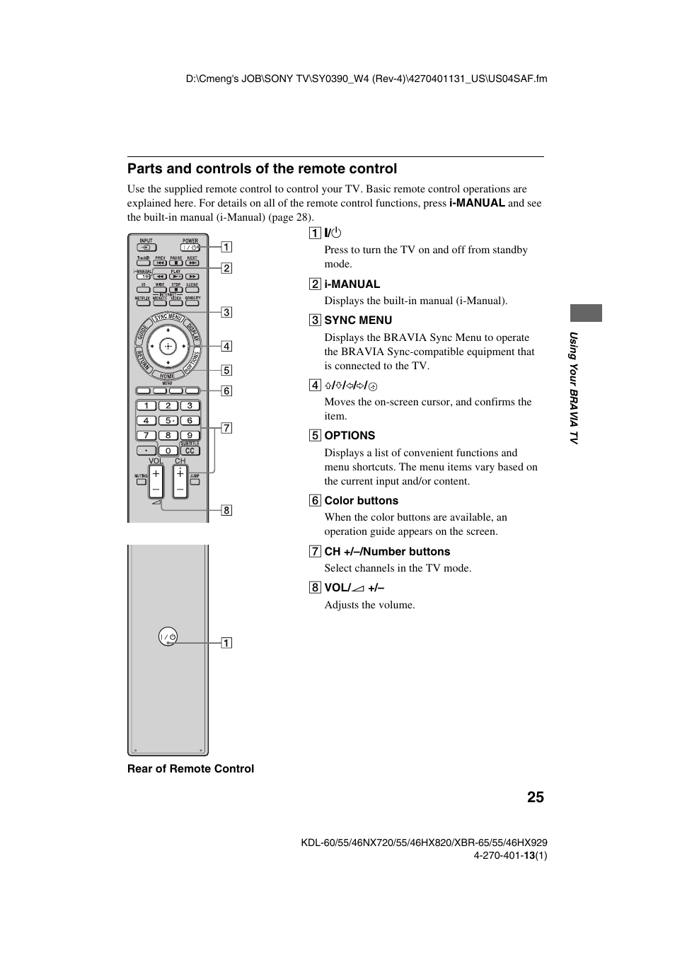 Parts and controls of the remote control | Sony XBR-65HX929 User Manual | Page 25 / 40
