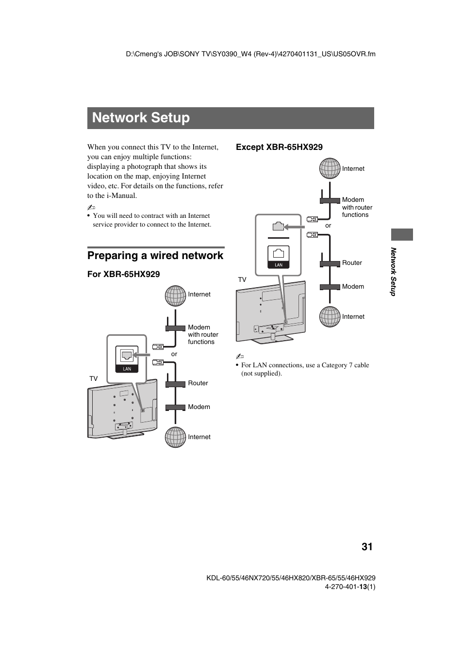 Network setup, Preparing a wired network | Sony XBR-65HX929 User Manual | Page 31 / 40