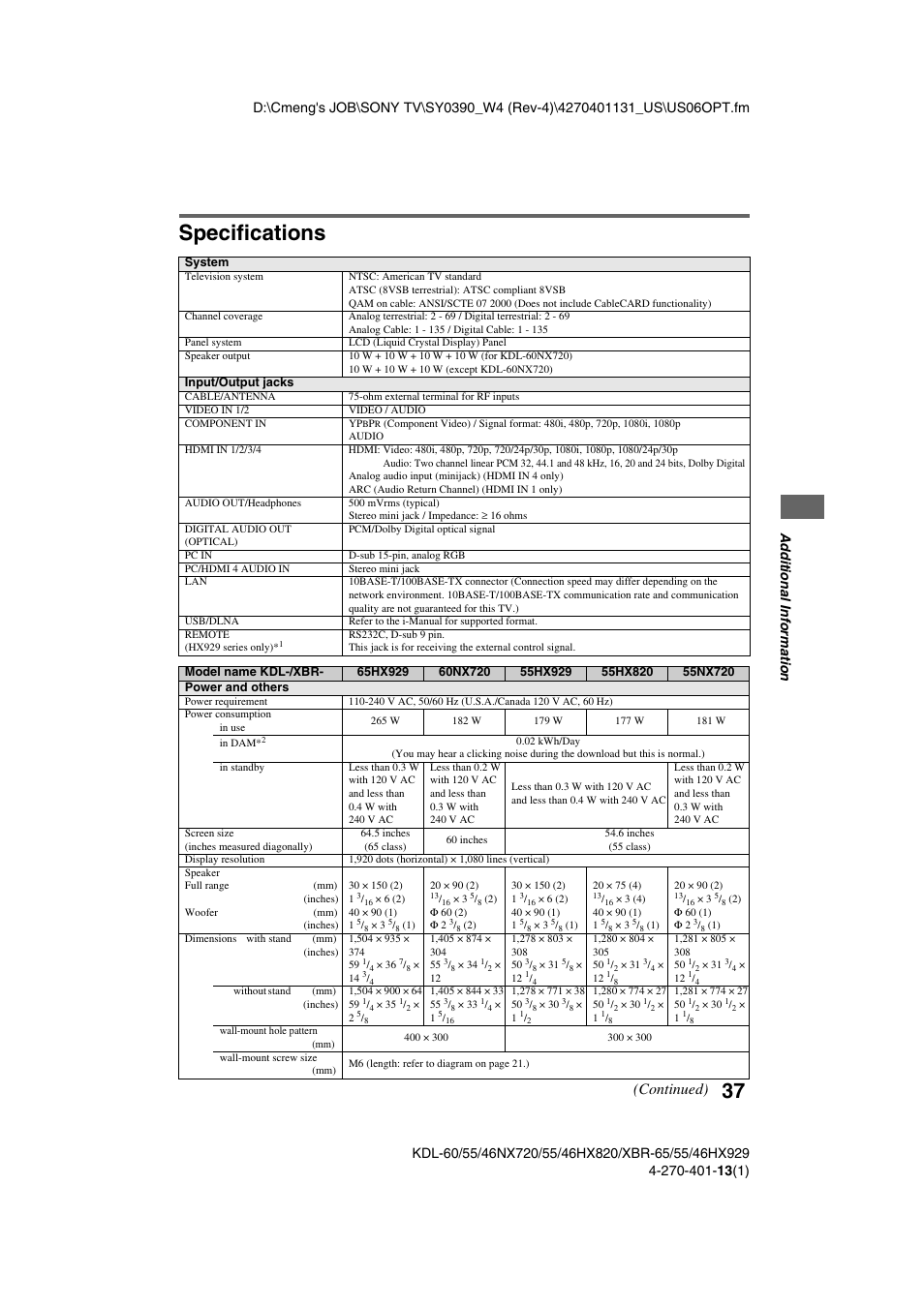 Specifications, Continued) | Sony XBR-65HX929 User Manual | Page 37 / 40
