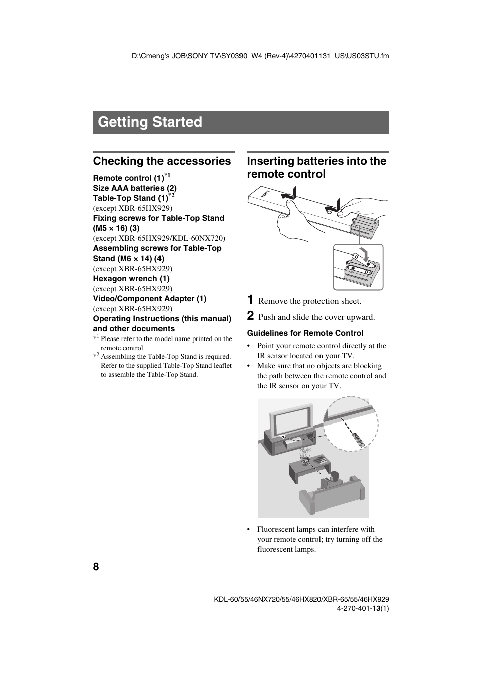 Getting started, Checking the accessories, Inserting batteries into the remote control | Sony XBR-65HX929 User Manual | Page 8 / 40