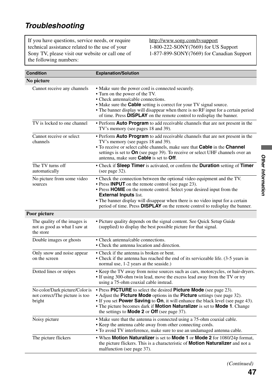 Troubleshooting | Sony Bravia KDS-55A3000 User Manual | Page 47 / 51