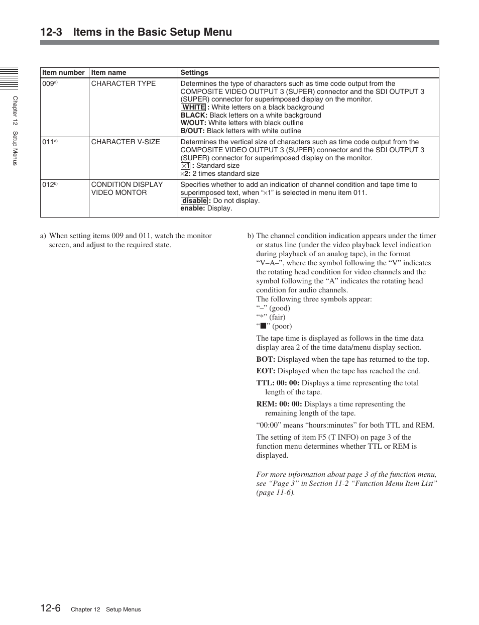 3 items in the basic setup menu | Sony DVW-2000 User Manual | Page 112 / 155