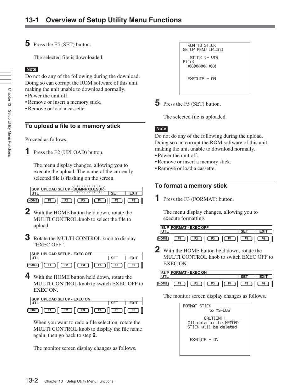 1 overview of setup utility menu functions, Proceed as follows, Rotate the multi control knob to display “exec off | The monitor screen display changes as follows | Sony DVW-2000 User Manual | Page 138 / 155