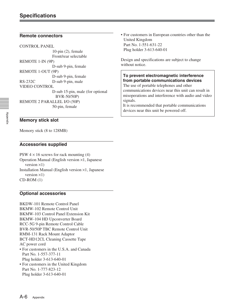 Specifications | Sony DVW-2000 User Manual | Page 151 / 155