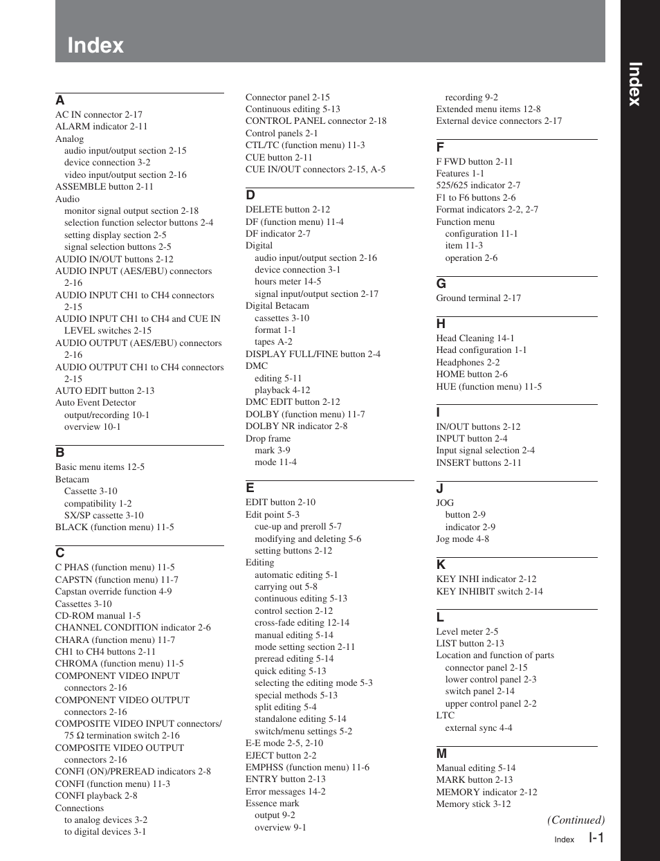 Index | Sony DVW-2000 User Manual | Page 152 / 155