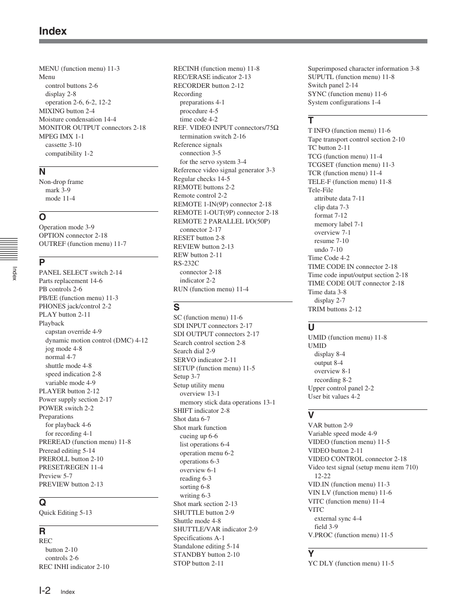Index | Sony DVW-2000 User Manual | Page 153 / 155