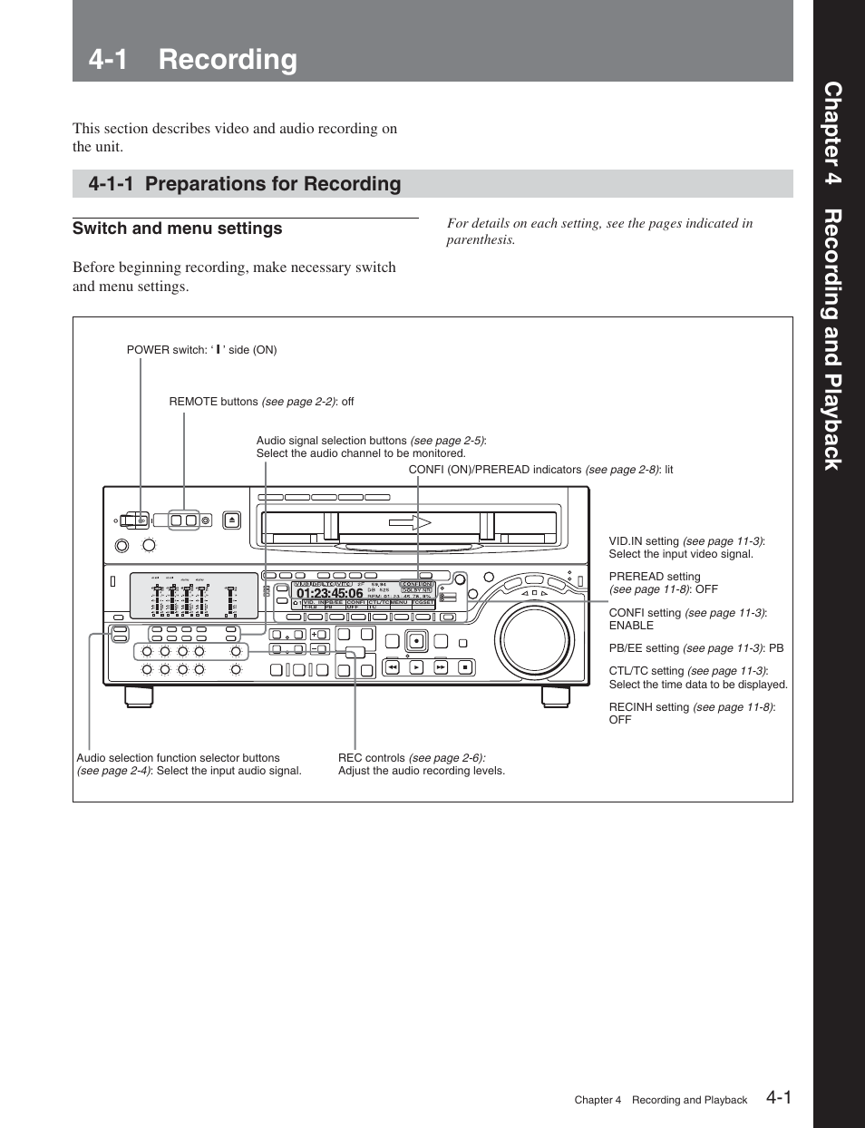 Chapter 4 recording and playback, 1 recording, 1-1 preparations for recording | Chapter 4 recor ding and pla ybac k, Switch and menu settings | Sony DVW-2000 User Manual | Page 43 / 155