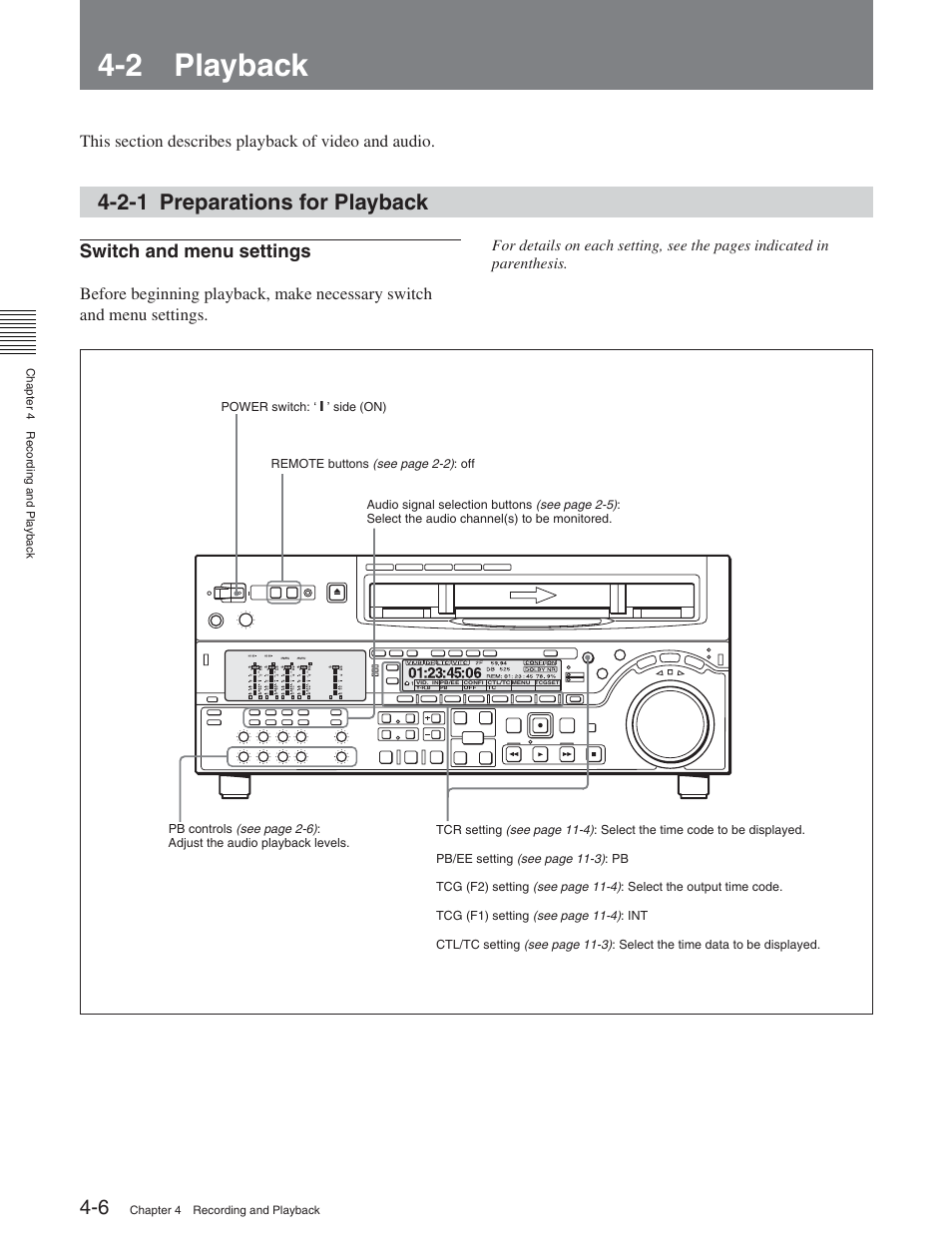 2 playback, 2-1 preparations for playback, 1 recording | Switch and menu settings | Sony DVW-2000 User Manual | Page 48 / 155