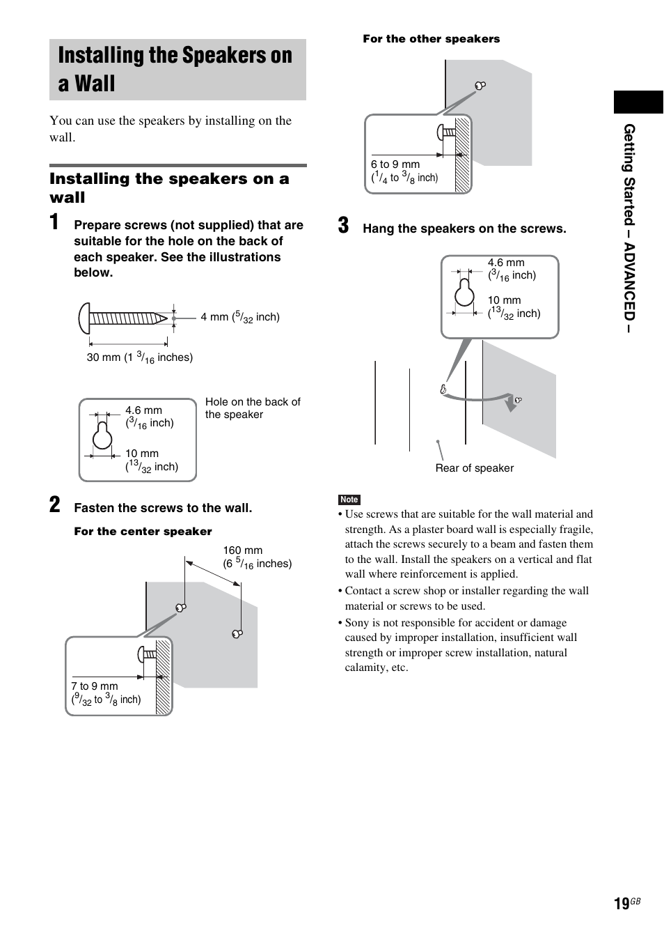 Installing the speakers on a wall, Ge tti ng sta rte d – ad v anced | Sony DAV-HDX265 User Manual | Page 19 / 104