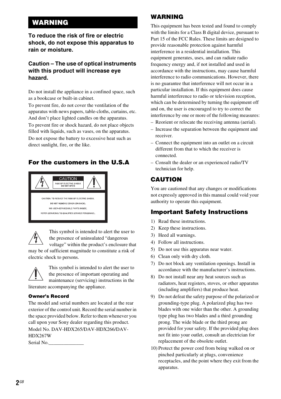 Warning | Sony DAV-HDX265 User Manual | Page 2 / 104