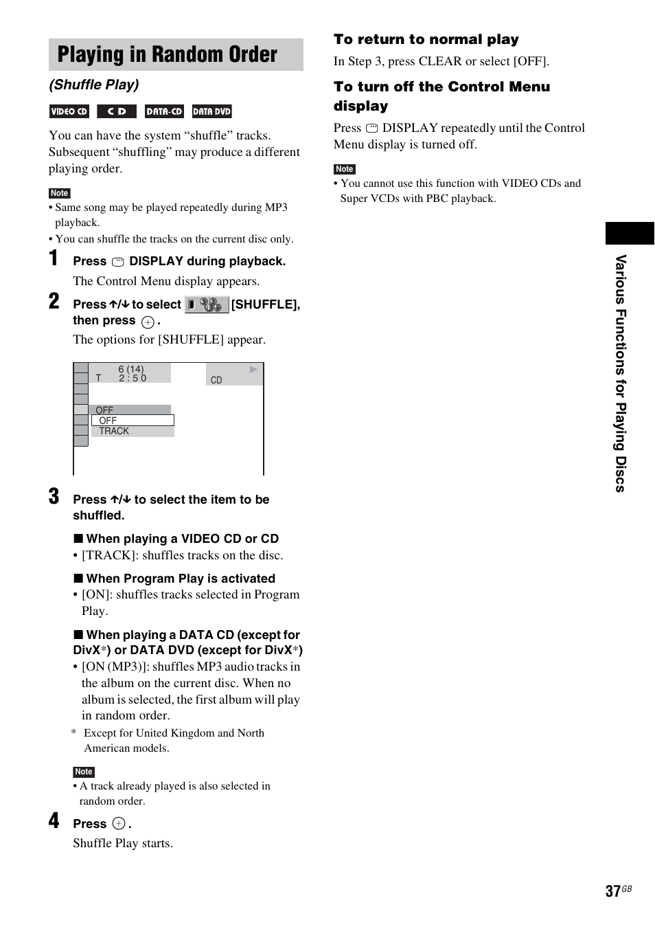 Playing in random order, Shuffle play) | Sony DAV-HDX265 User Manual | Page 37 / 104