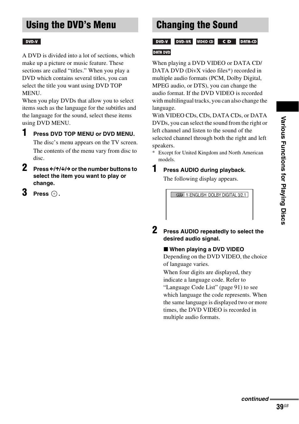 Using the dvd’s menu, Changing the sound, Using the dvd’s menu changing the sound | Sony DAV-HDX265 User Manual | Page 39 / 104