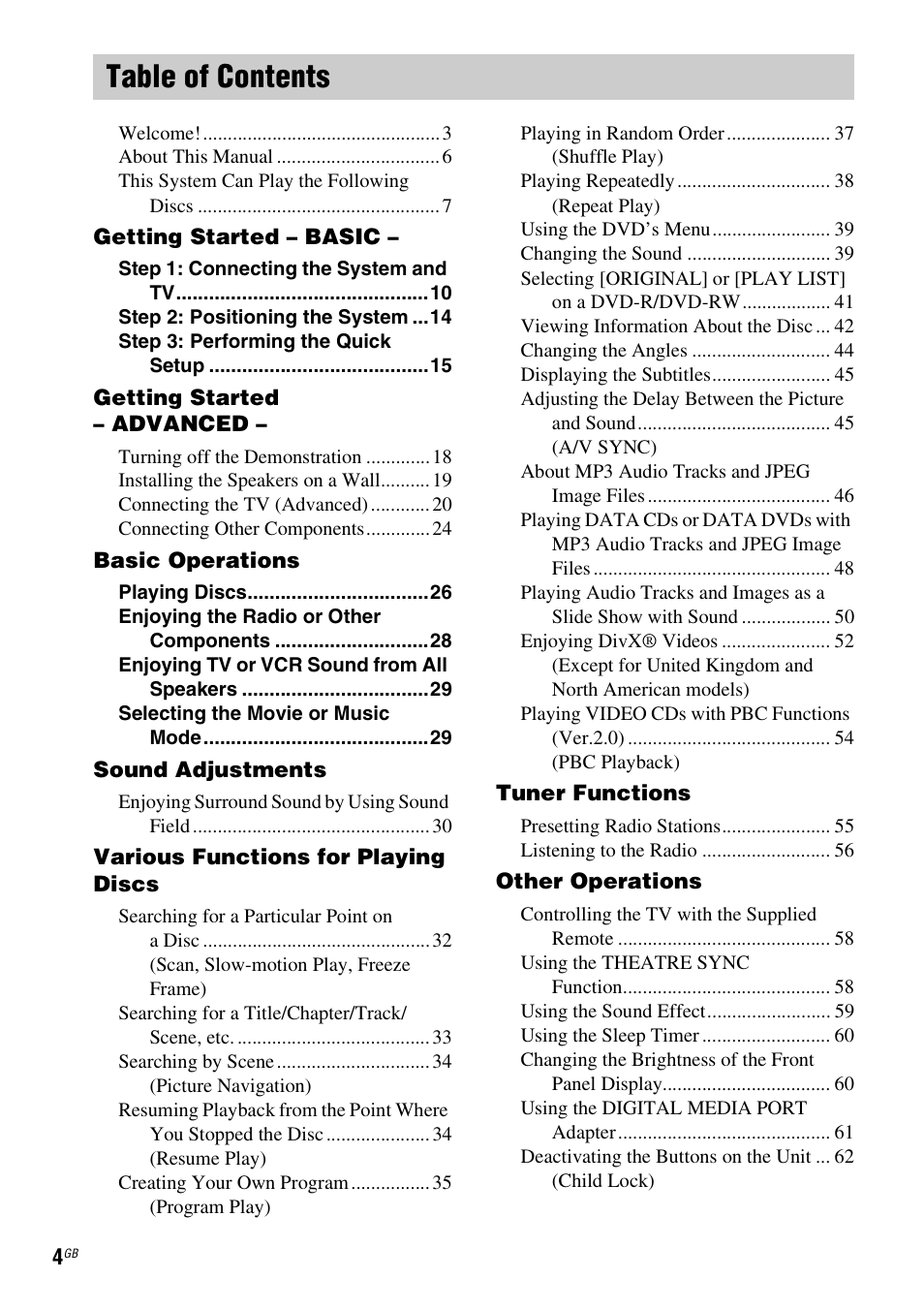 Sony DAV-HDX265 User Manual | Page 4 / 104