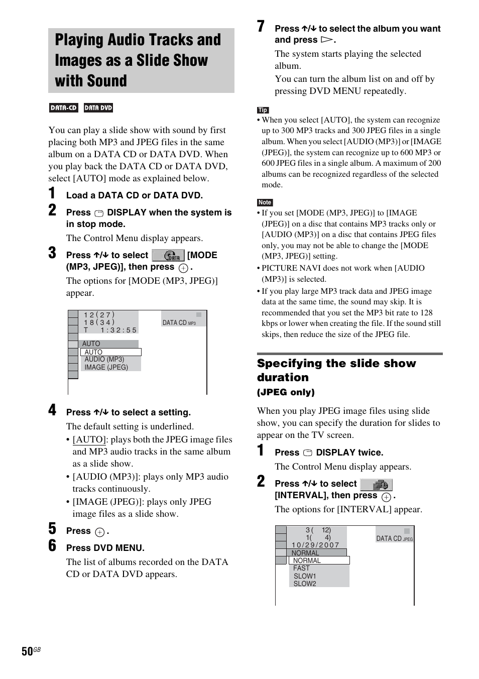 Specifying the slide show duration, Playing audio tracks and images as a, Slide show with sound | Sony DAV-HDX265 User Manual | Page 50 / 104