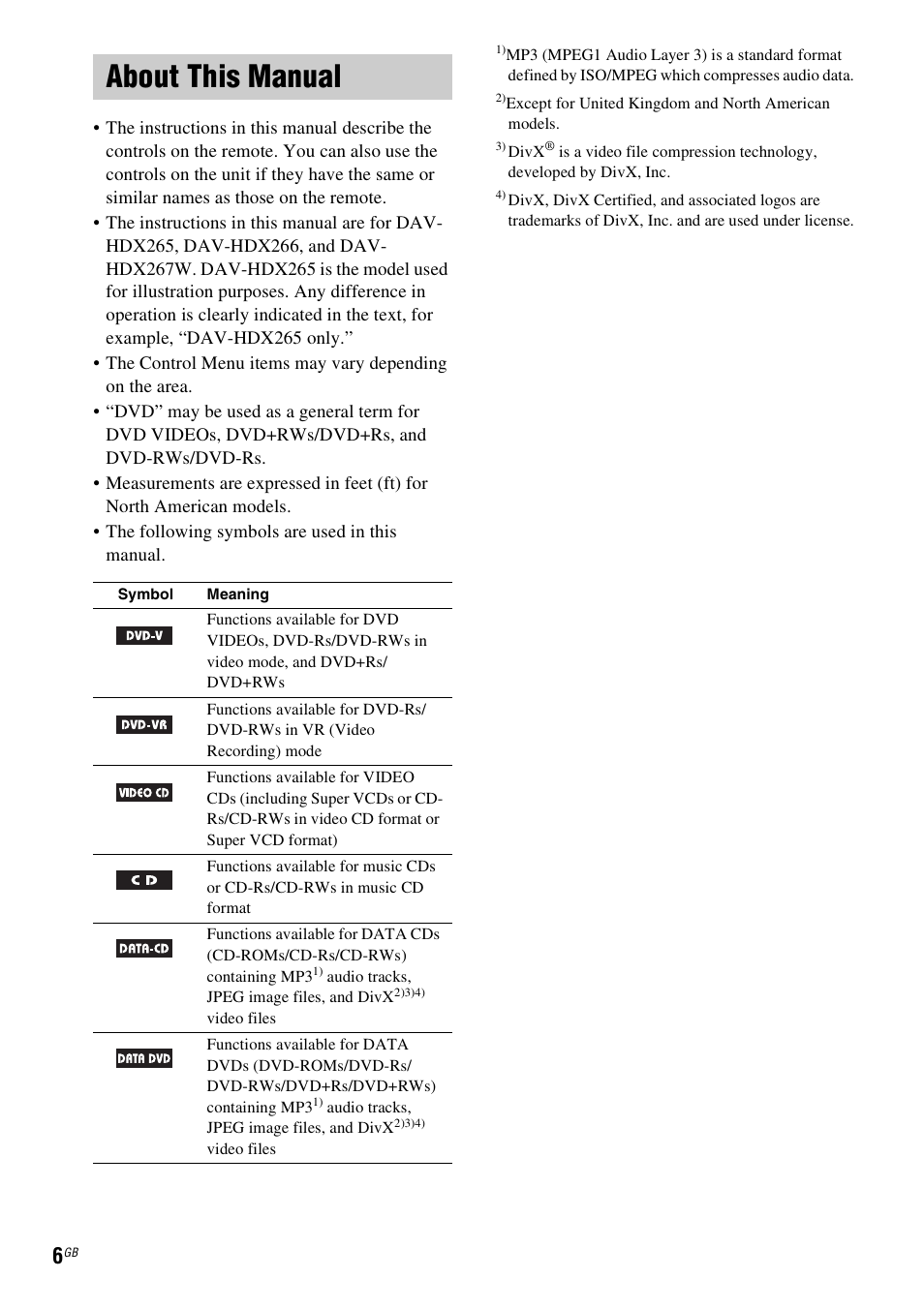 About this manual | Sony DAV-HDX265 User Manual | Page 6 / 104