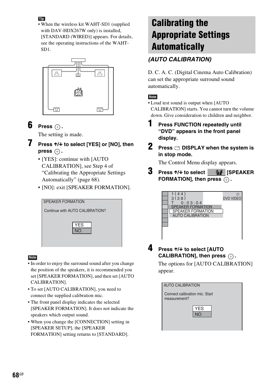 Calibrating the appropriate settings automatically, Calibrating the appropriate settings, Automatically (auto calibration) | Sony DAV-HDX265 User Manual | Page 68 / 104
