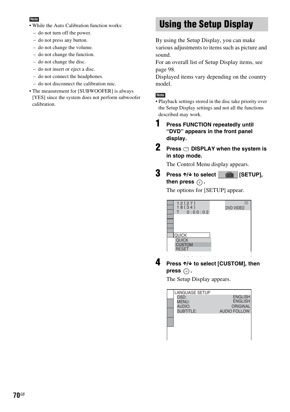 Using the setup display, Using | Sony DAV-HDX265 User Manual | Page 70 / 104