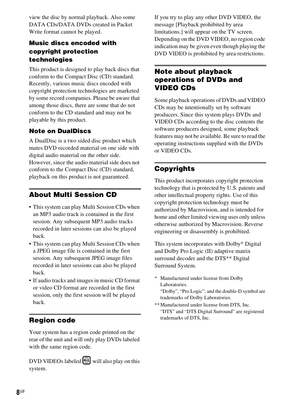 About multi session cd, Region code, Copyrights | Sony DAV-HDX265 User Manual | Page 8 / 104