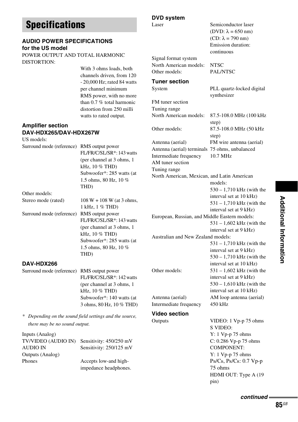 Specifications, Ad dition al i n fo rm atio n | Sony DAV-HDX265 User Manual | Page 85 / 104
