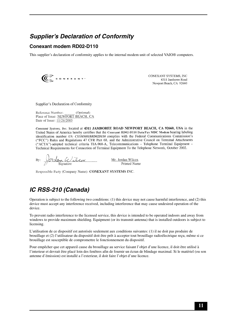 Supplier’s declaration of conformity, Ic rss-210 (canada) | Sony VGN-FE500 User Manual | Page 11 / 20