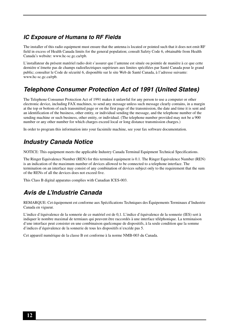Industry canada notice, Avis de l’industrie canada, 12 ic exposure of humans to rf fields | Sony VGN-FE500 User Manual | Page 12 / 20