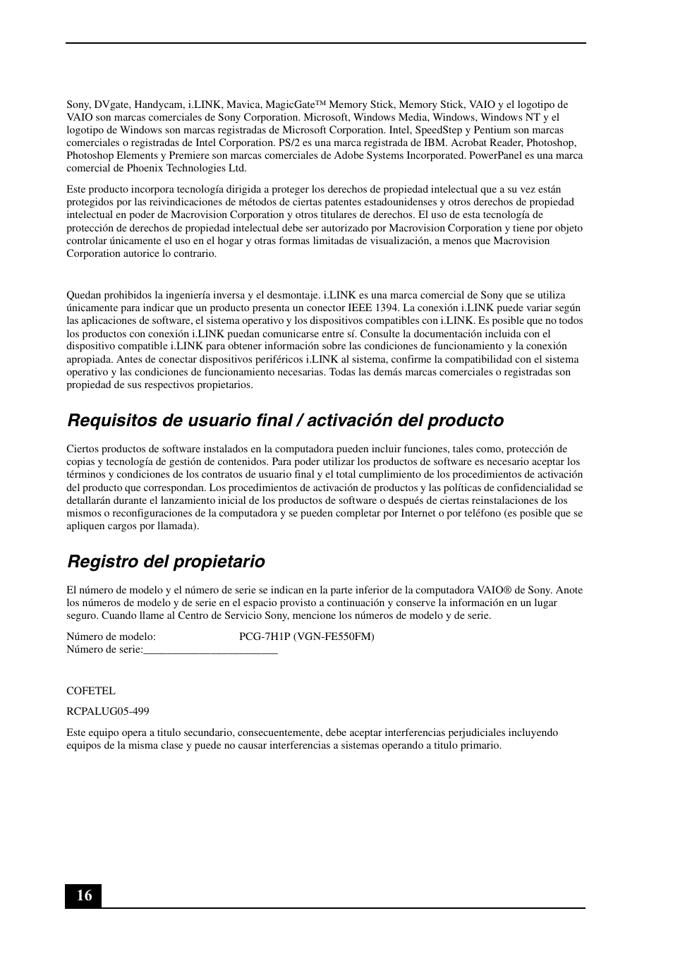 Registro del propietario | Sony VGN-FE500 User Manual | Page 16 / 20