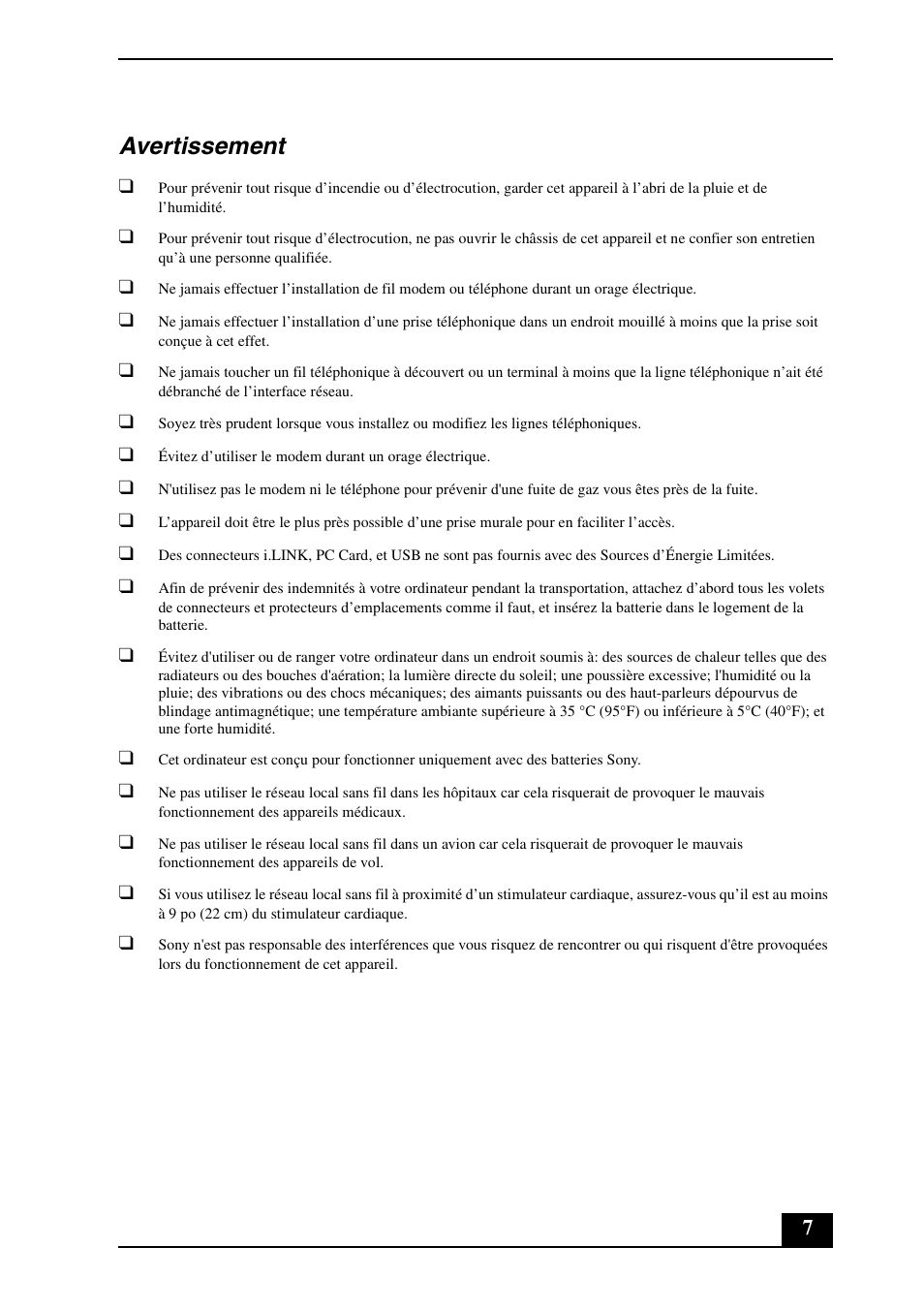 Avertissement | Sony VGN-FE500 User Manual | Page 7 / 20