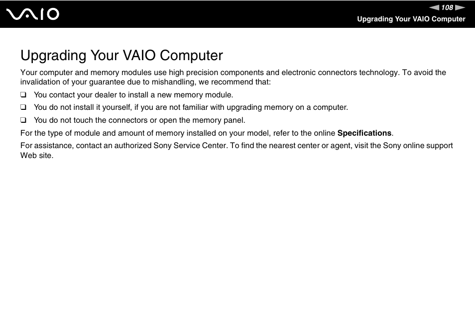 Upgrading your vaio computer | Sony VGN-FS800 User Manual | Page 108 / 175