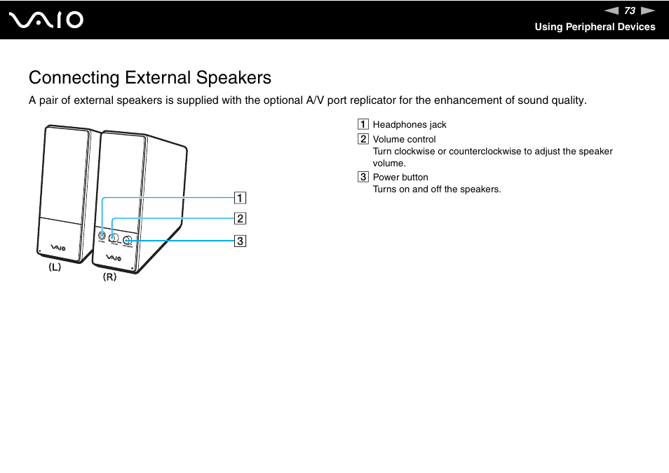 Connecting external speakers | Sony VGN-FS800 User Manual | Page 73 / 175