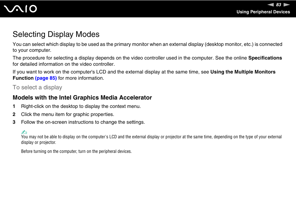 Selecting display modes | Sony VGN-FS800 User Manual | Page 83 / 175
